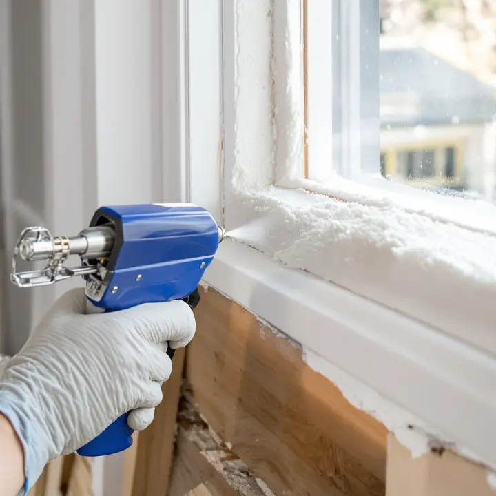 Low expansion foam sealing the gap around a new window frame