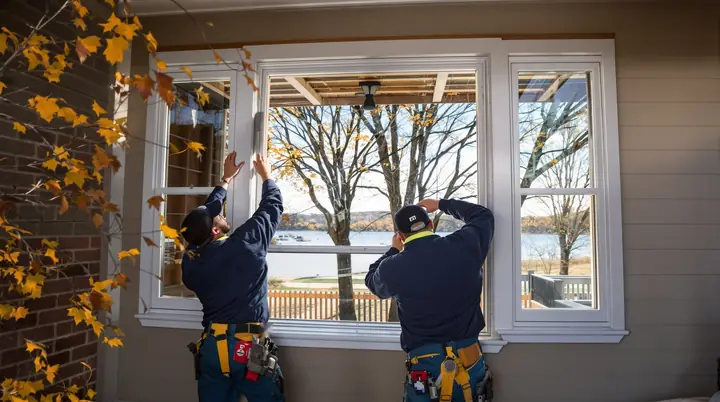 Two Lakelight installers setting a new picture window into a bungalow near Lake Monona