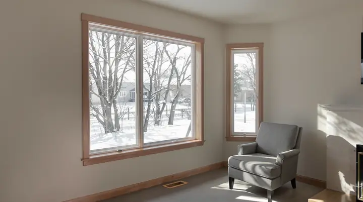Finished living room with new windows looking out at a snowy yard in Waunakee