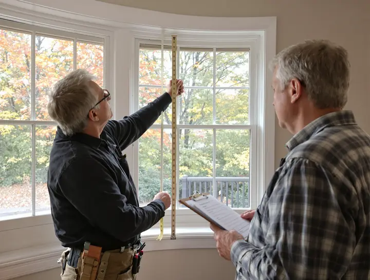 Measuring an old wood window opening with the homeowner in Fitchburg