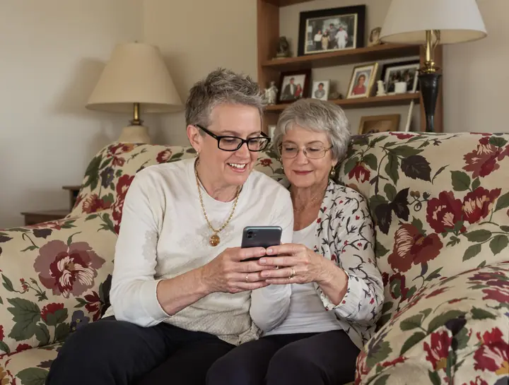 Helping an older woman make the text bigger on her phone at home