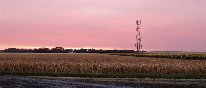 A cell tower over harvested farmland in the Red River Valley at dusk