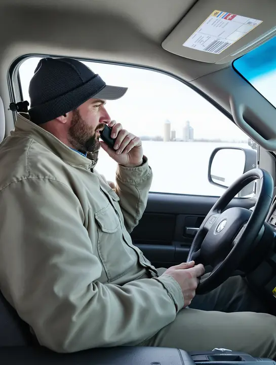 A contractor on a call from his pickup on a snowy prairie road