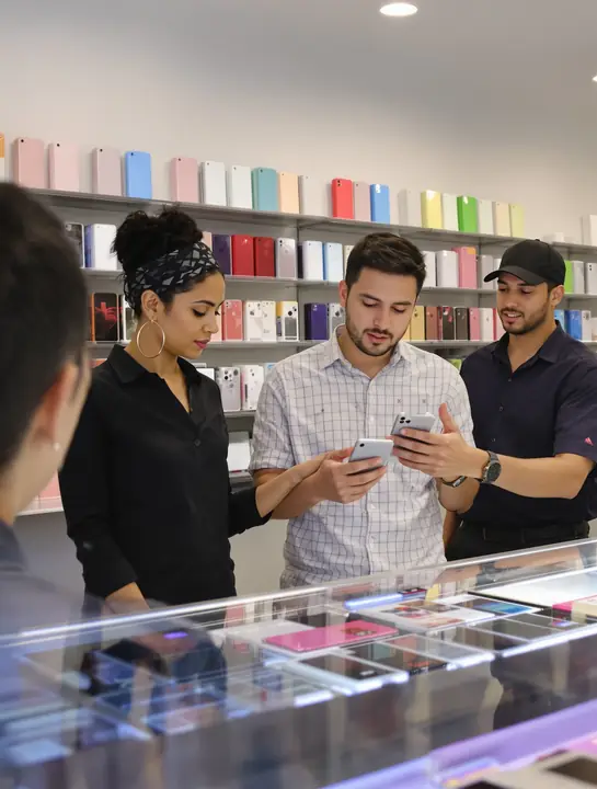 A mom and her son comparing two phones at the counter