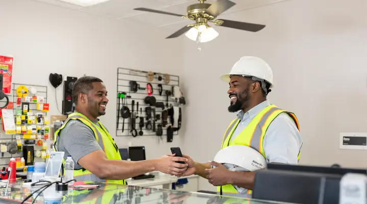Handing a repaired phone back to a plant worker on his lunch break