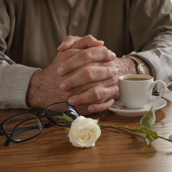 An older man's folded hands beside a cup of tea and a white rose