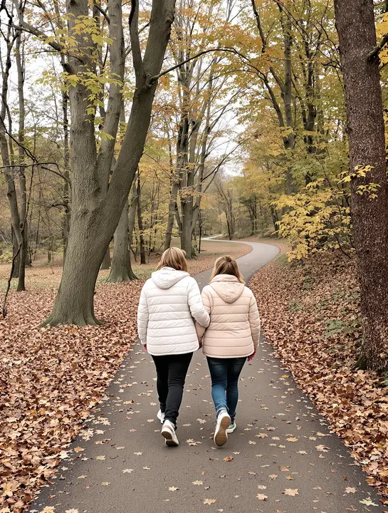Two sisters walking arm in arm on a leaf covered trail in the Cuyahoga Valley
